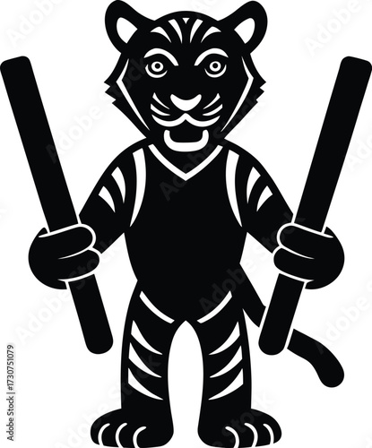 Tiger mascot character holding cricket stumps with a playful expression