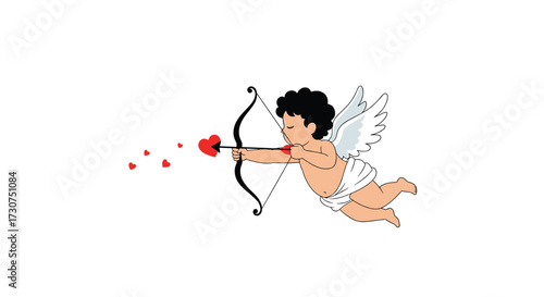 Cupid aiming a bow and arrow with hearts representing love and romance.