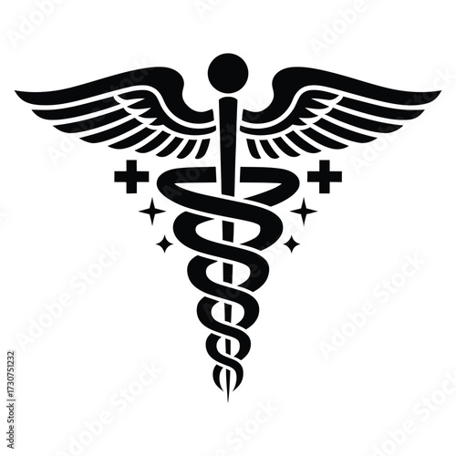 Black & White Medical Logo: Caduceus, Wings, Stars, and Cross