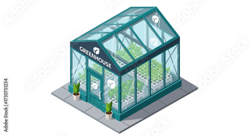 Isometric illustration of a greenhouse with plants inside and two potted plants outside.