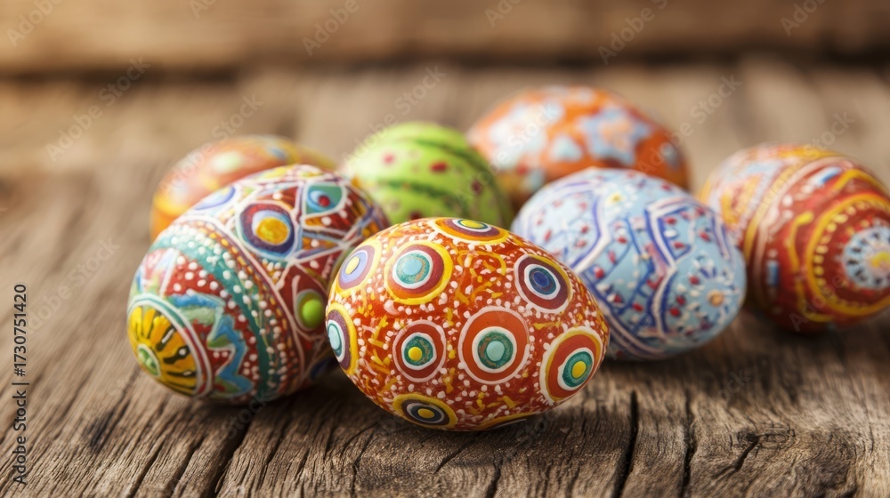 Fototapeta premium Vibrant Easter eggs with intricate patterns in blue, red, orange, green, yellow,