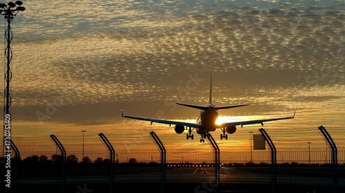 Plane approaches landing at sunset with beautiful cloud patterns over the airport runway