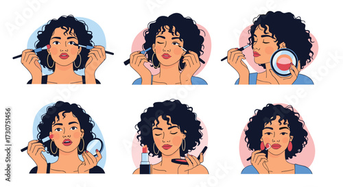 A woman applying various makeup products to her face with tools.