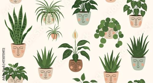 A charming assortment of potted houseplants with faces.