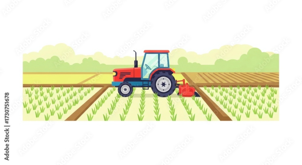 Fototapeta premium Red tractor plowing field in agricultural landscape, farming concept.