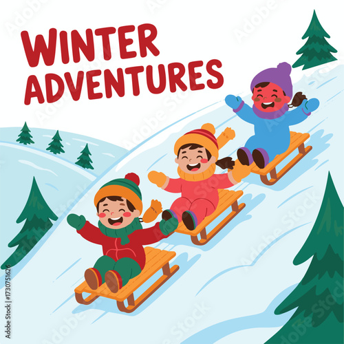 Kids Sledding Down Snowy Hill in Winter Landscape