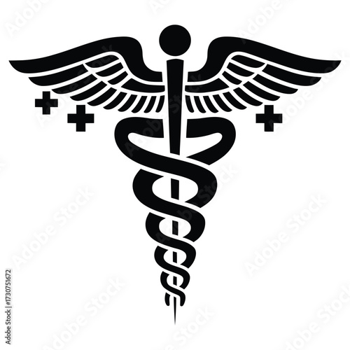 Black & White Medical Logo: Caduceus, Wings, Stars, and Cross