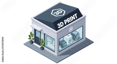 Isometric 3D printing shop with equipment on display.
