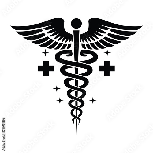 Black & White Medical Logo: Caduceus, Wings, Stars, and Cross