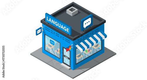 Isometric language school building with blue walls and white and blue awnings.
