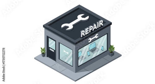 Isometric illustration of a repair shop building with a wrench symbol on the roof.