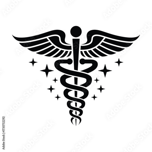 Black & White Medical Logo: Caduceus, Wings, Stars, and Cross