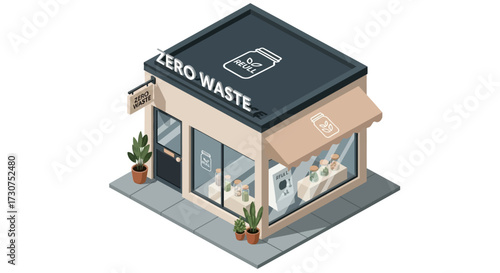 Isometric illustration of a zero waste shop with plants and a refill station.