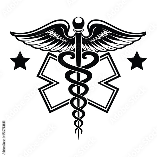 Black & White Medical Logo: Caduceus, Wings, Stars, and Cross
