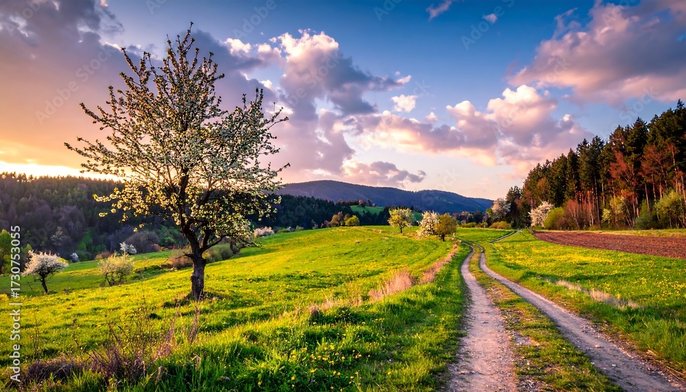 Obraz premium Springtime countryside road at sunset