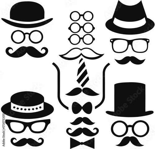 Retro gentleman's set. smoking pipe, top hat,eyeglasses, bow tie, mustache, smoke. Father's day set. Fashion vintage retro old hipster style. 