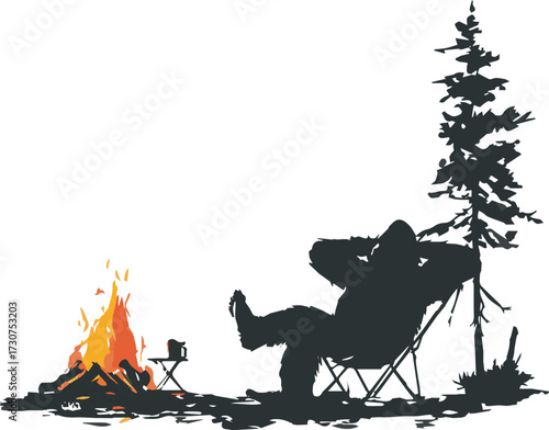 Vector art of bigfoot relaxing by the campfire in the forest