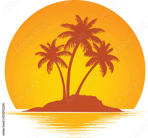 Vector art of tropical island with palm trees at sunset