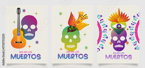 Colorful flat vector posters featuring decorated skulls with guitar, feathers, and floral motifs, symbolizing Mexican culture and traditions for Día de los Muertos celebration.