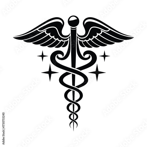 Black & White Medical Logo: Caduceus, Wings, Stars, and Cross