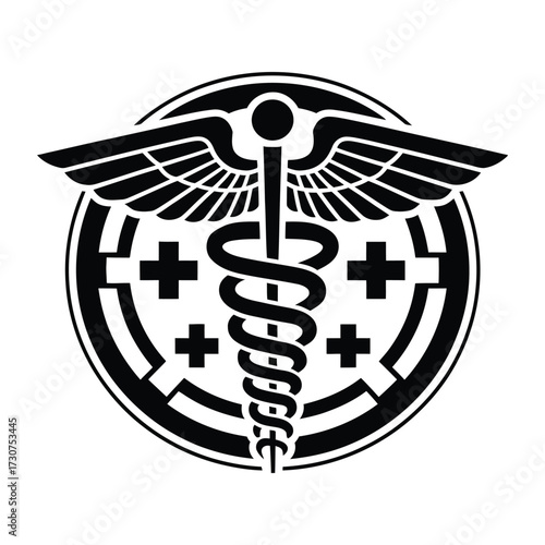 Black & White Medical Logo: Caduceus, Wings, Stars, and Cross