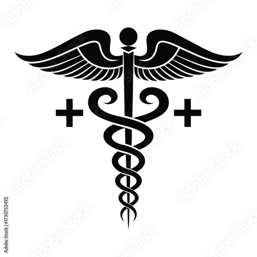 Black & White Medical Logo: Caduceus, Wings, Stars, and Cross