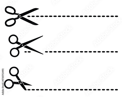 scissors icon set with cut line on white background 