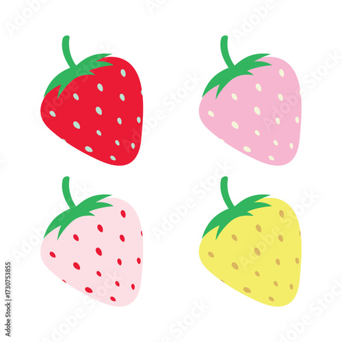Minimal flat vector illustration of four strawberries in different colors - yellow, red, pink, and white. Simple fruity design perfect for food graphics, summer patterns, healthy lifestyle concepts.
