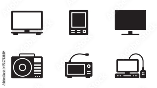 Set of black electronic device icons simple flat vector glyphs for user interface design isolated on white background