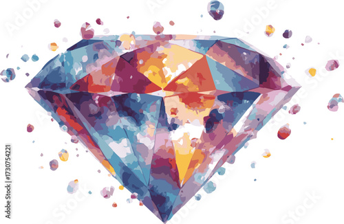 Vector art of watercolor diamond with colorful splashes, a beautiful gem