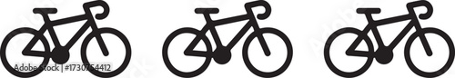 Three Black Silhouette Road Bicycles on White Background Keywords: bicycle, road bike, silhouette, black and white, transportation, sport, recreation, cycling, vehicle, graphic, icon, simple