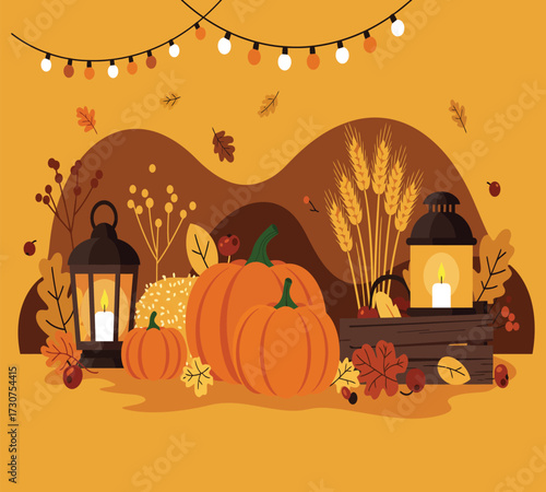 Vector art of a festive thanksgiving arrangement with pumpkins, lanterns, wheat, and autumn leaves, creating a warm and inviting atmosphere for the holiday celebration perfect for seasonal greetings