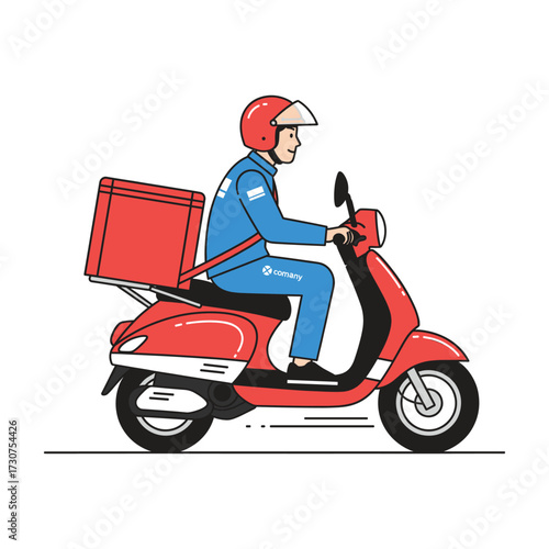 Delivery person riding a red scooter with a red insulated bag, fast service concept
