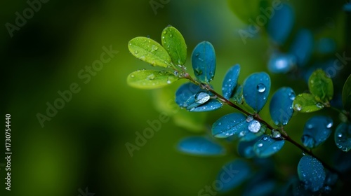 Close-up of blue-lit leaves adorned with water droplets,