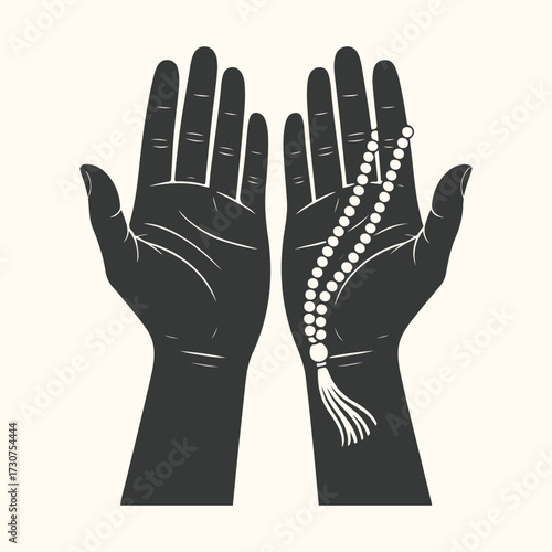 Art of a happy muslim child is celebrating ramadan by hanging lanterns in front of a mosque, with crescent moons and stars in the night sky