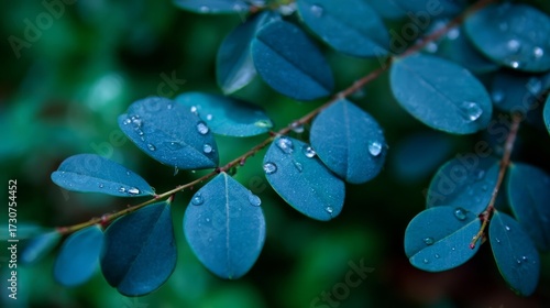 Lush green leaves with water droplets, sharp veins visible, soft blurred background, fresh and vibrant natural elements.
