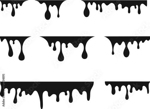 Black melt drips or liquid paint drops. Dripping liquid. Paint flows. Current paint, stains. Current drops. Current inks. Vector illustration. isolated on white background 