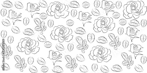 Seamless floral pattern featuring hand-drawn roses and leaves in black and white outline style. The design includes blooming roses, rosebuds, and individual leaves arranged in a repetitive background