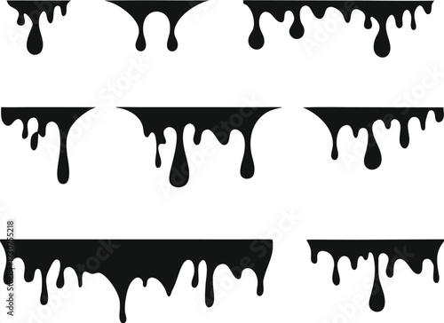 Black melt drips or liquid paint drops. Dripping liquid. Paint flows. Current paint, stains. Current drops. Current inks. Vector illustration. isolated on white background 