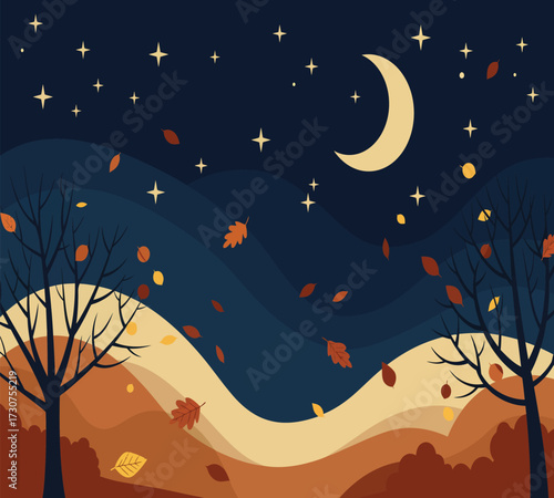 Vector art of a serene autumn night scene with a crescent moon, stars, and falling leaves, creating a peaceful and magical atmosphere perfect for seasonal backgrounds and designs