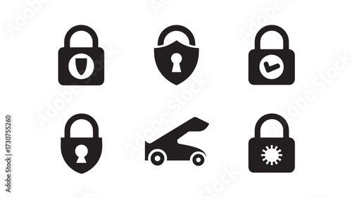 Collection of black security icons simple flat vector glyphs for app and web design isolated on white background