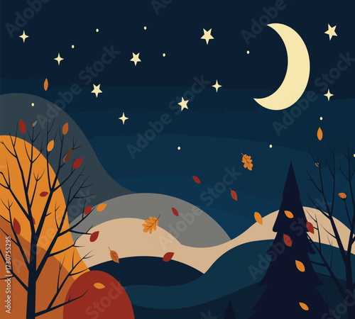 Vector art of a serene autumn night scene with a crescent moon, stars, and falling leaves, creating a peaceful and magical atmosphere perfect for seasonal backgrounds and designs
