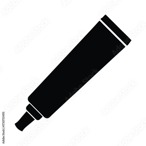 Black and white image of a squeeze tube container angled on white