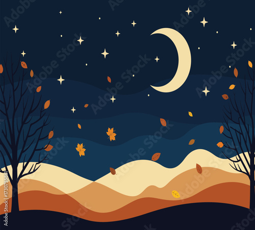 Vector art of a serene autumn night scene with a crescent moon, stars, and falling leaves, creating a peaceful and magical atmosphere perfect for seasonal backgrounds and designs