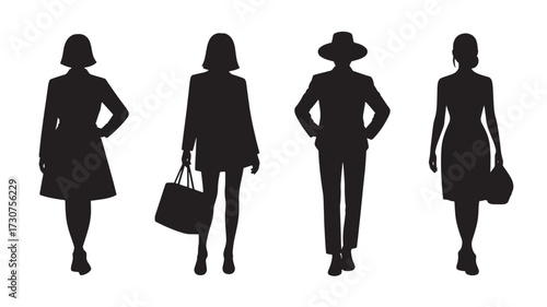 Set of female fashion silhouettes diverse women in stylish outfits vector illustration isolated on white background