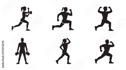 Set of fitness exercise silhouette icons vector illustration of workout training poses isolated on white background