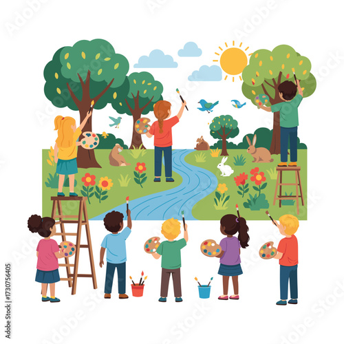 Children painting a vibrant outdoor mural with trees, flowers, and animals