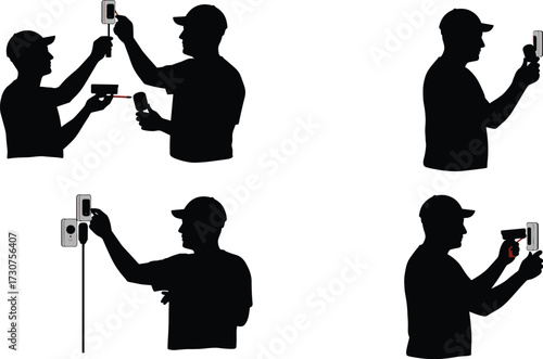 Black silhouette vector illustration of technicians installing and adjusting security devices, showing technology setup, handyman work, electronic repair, professional installation process
