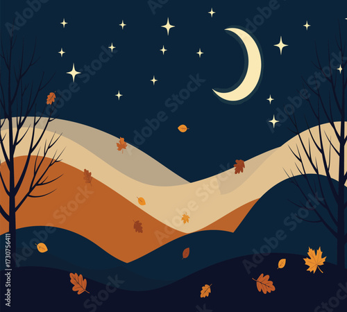 Vector art of a serene autumn night scene with a crescent moon, stars, and falling leaves, creating a peaceful and magical atmosphere perfect for seasonal backgrounds and designs