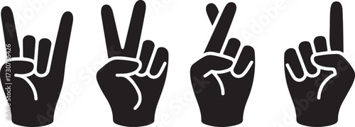 Four Black Silhouette Hand Gestures on White Background sign symbol